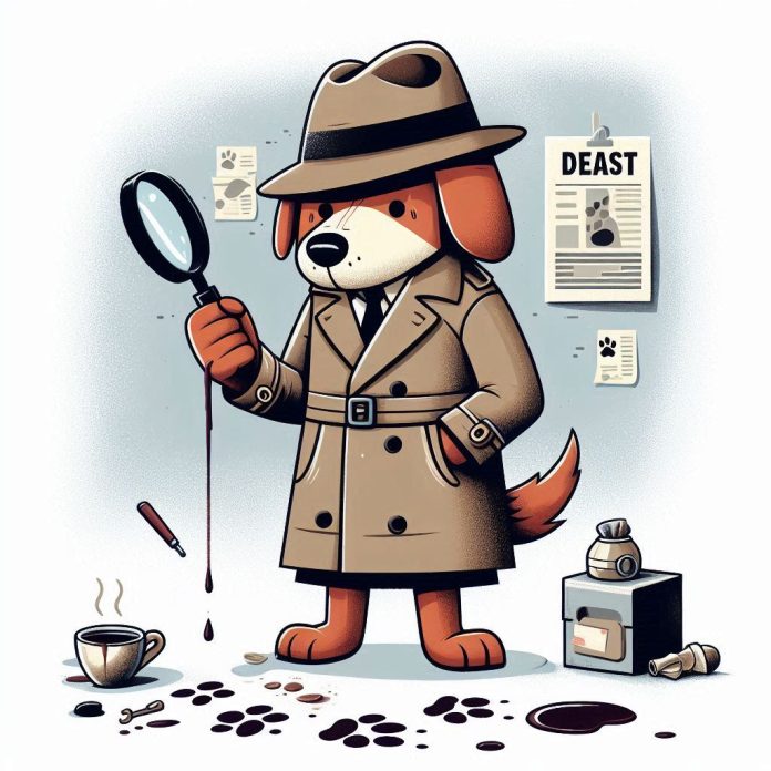 a cartoon of a dog holding a magnifying glass